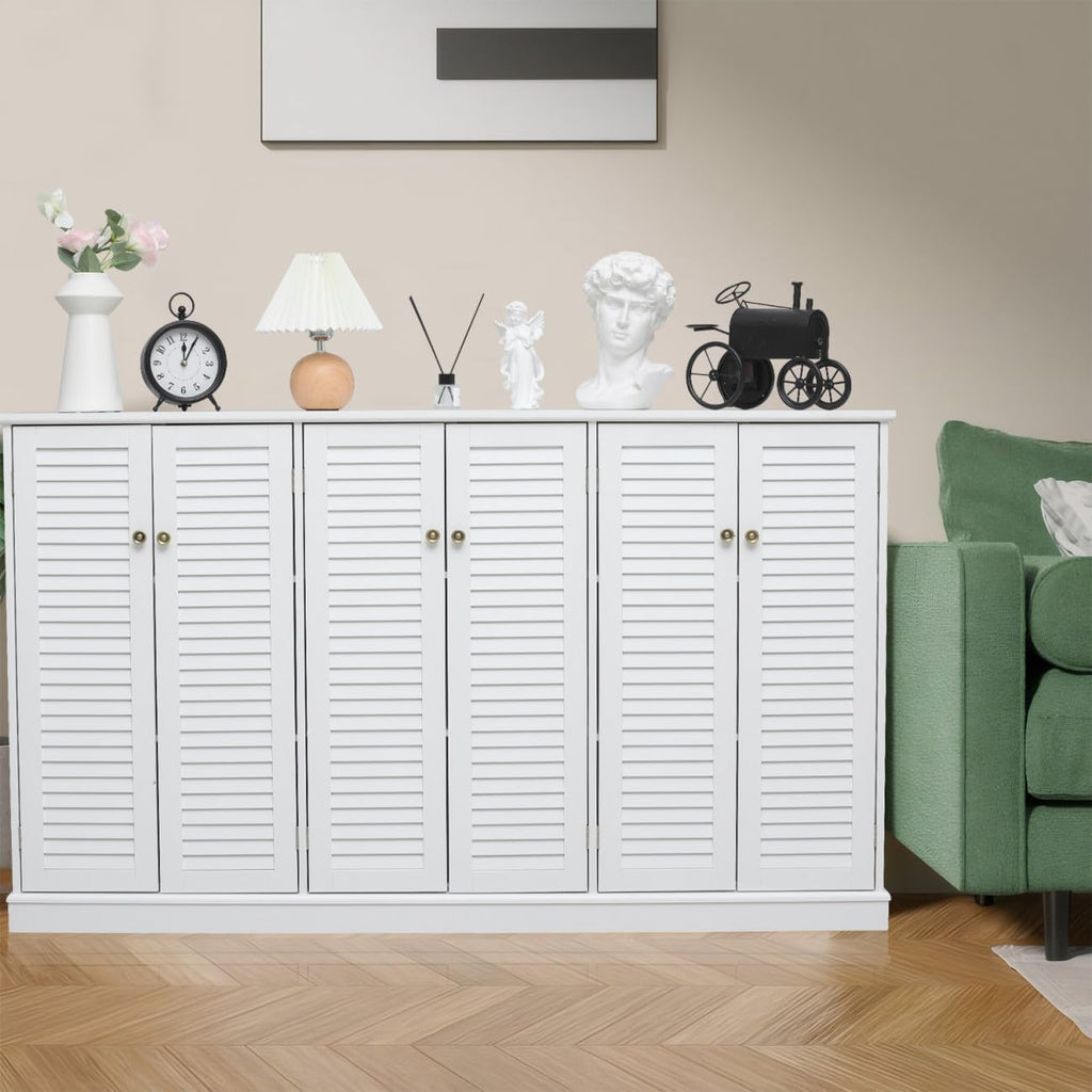 Farmhouse Sideboard Buffet Cabinet Storage, 63" W with 6 Shutter Door for Kitchen & Living Room Storage Cabinet, Wood Coffee Bar, White