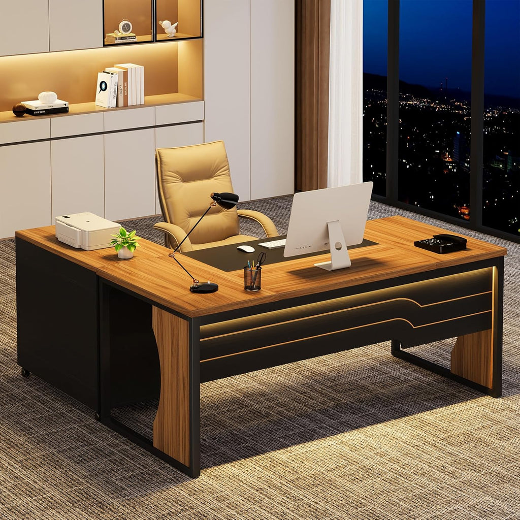 L Shaped Executive Computer Desk with Mobile File Cabinet and LED Light, 63 inch Large Office Table Business Furniture with Storage and Drawers for Home Office, Dark Walnut