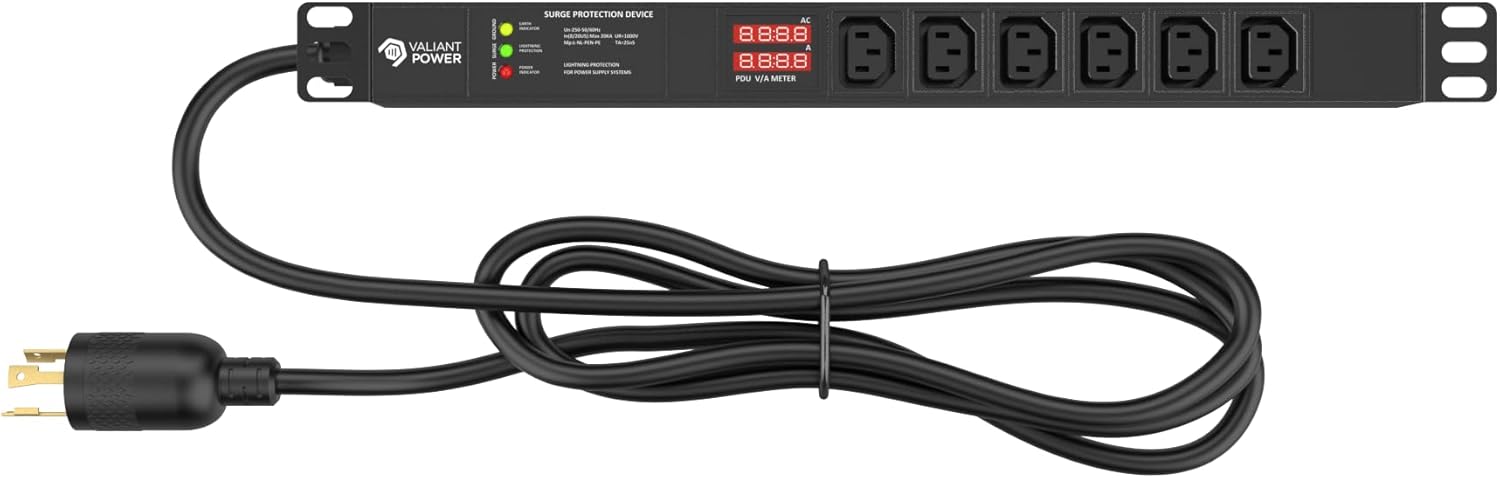 Rack Mount Power Strip - 240V 30A Single Phase PDU with Built-in Surge Protector, Volt & Amp Meter for Data Center - 19” Metal Housing, Ears & Fittings Included, 6' Cable, 6 Outlets