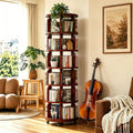 6 Tier 360° Rotating Solid Wood Bookshelf with Wheels, Lazy Susan Circular Spinning Revolving Corner Bookcase, Freestanding Storage Shelf for Bedroom Small Space, Walnut