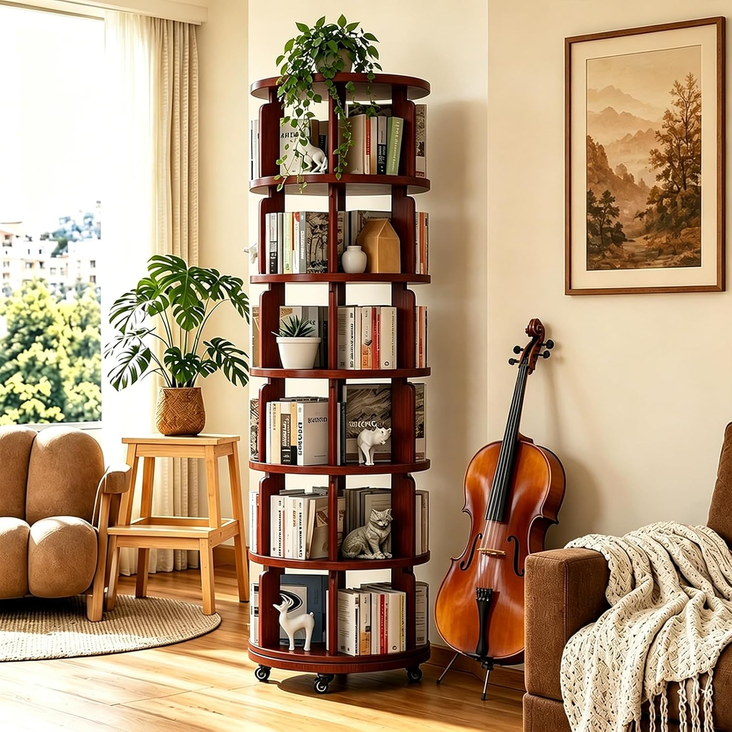 6 Tier 360° Rotating Solid Wood Bookshelf with Wheels, Lazy Susan Circular Spinning Revolving Corner Bookcase, Freestanding Storage Shelf for Bedroom Small Space, Walnut
