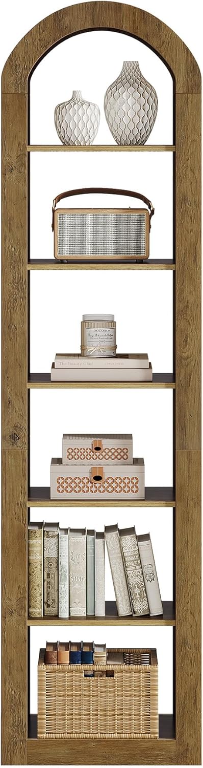 Tribesigns 74.8" Tall Arched Bookshelf, 6-Tier Narrow Open Bookcase, Floor Standing Corner Display Shelves Storage Organizer for Small Space, Home Office, Living Room (Rustic Brown, 1 PC)
