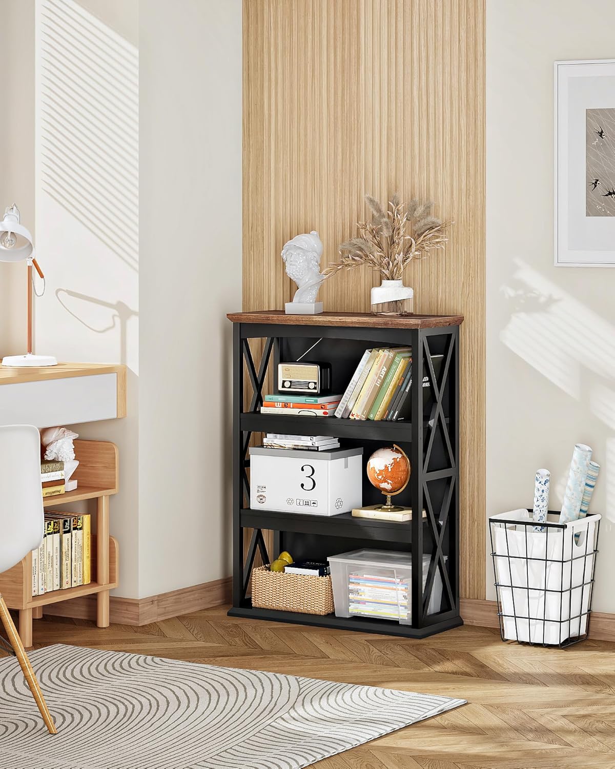 CHOEZON 4-Tier Bookcase, 42.9" Floor Standing Organizer Shelf, Corner Book Stand, Metal Frame, for Study, Bedroom, Living Room, Black and Walnut TSJ01BL