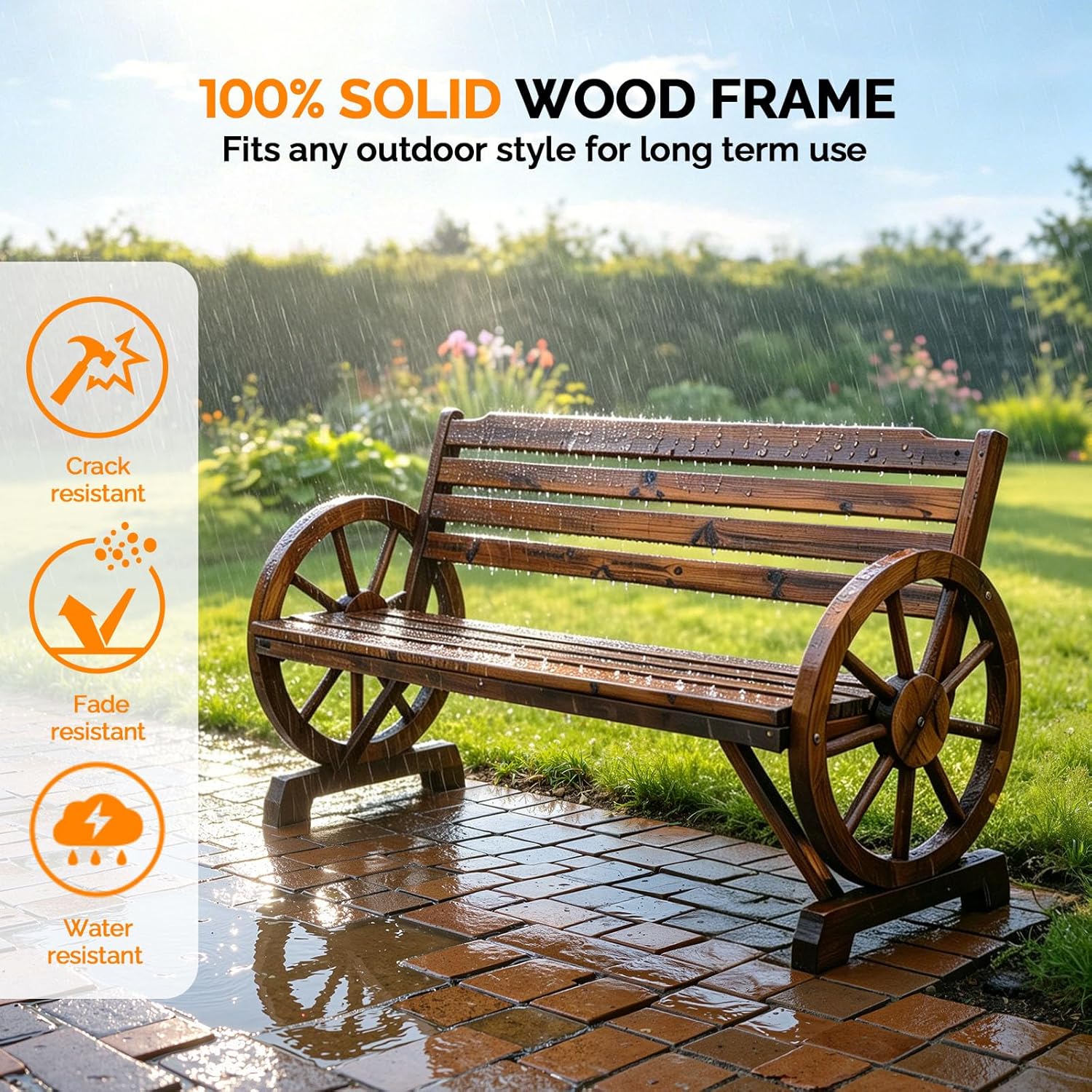 VINGLI Rustic Wooden Wheel Bench Outdoor Bench, Patio Bench Wagon Slatted Seat, Garden Benches for Outdoors 350lbs High Capacity, Weather Resistance (Rustic, 55in)