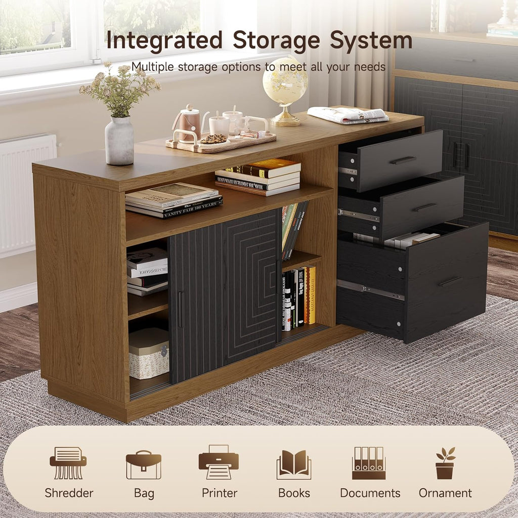 ONBRILL Home Office Furniture Set, 63'' Standing Desk with 55'' File Cabinet, Electric Height Adjustable Executive Workstation with Monitor Stand for Home Office Oak Brown