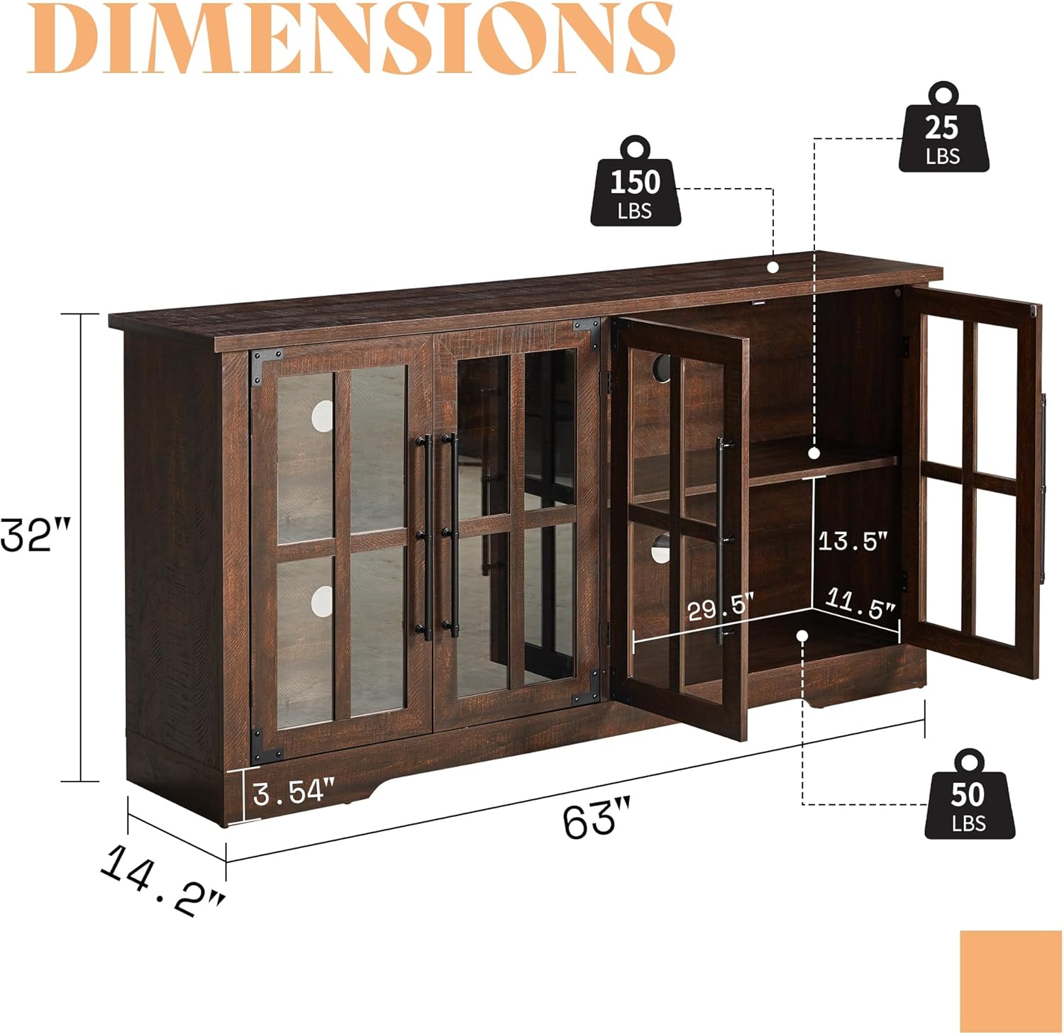 AMERLIFE Farmhouse 63" Buffet Sideboard Cabinet with Glass Door, Large Storage Cabinet with Adjustable Shelf, Wooden Coffee Bar Station for Kitchen, Dinning Room, Brown
