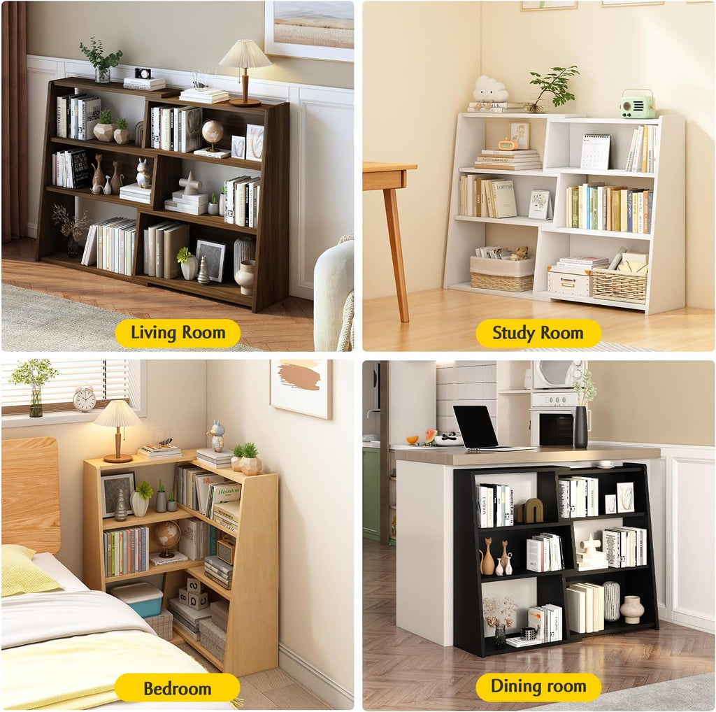 IOTXY Wooden Extendable Shelf Bookcase - 3-Tier Ladder Low Short Bookshelf for Small Space or Corner, Dark Walnut, L
