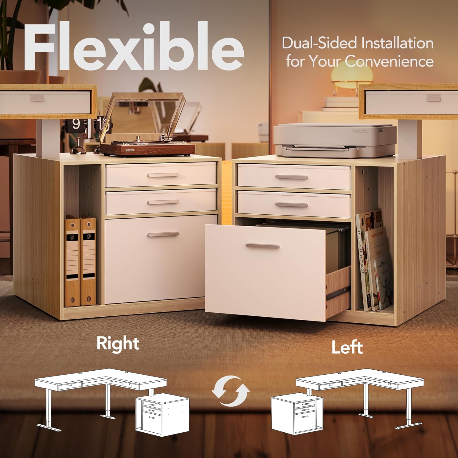 HUANUO Electric L Shaped Standing Desk with File Cabinet, 63" x 55" Height Adjustable Sit Stand up Desk with LED Strip, Power Outrlets & Cable Management Tray, Corner Computer Table, Light Walnut