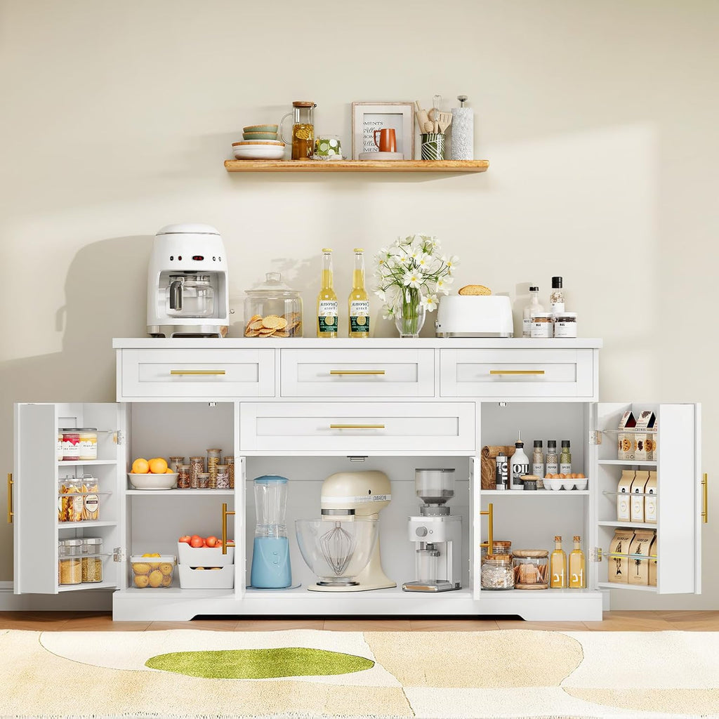 Concho 54" Buffet Cabinet with Storage, Kitchen Sideboards Small Coffee Bar Cabinet with 4 Drawers, Modern Kitchen Storage Cabinet for Living Room, White