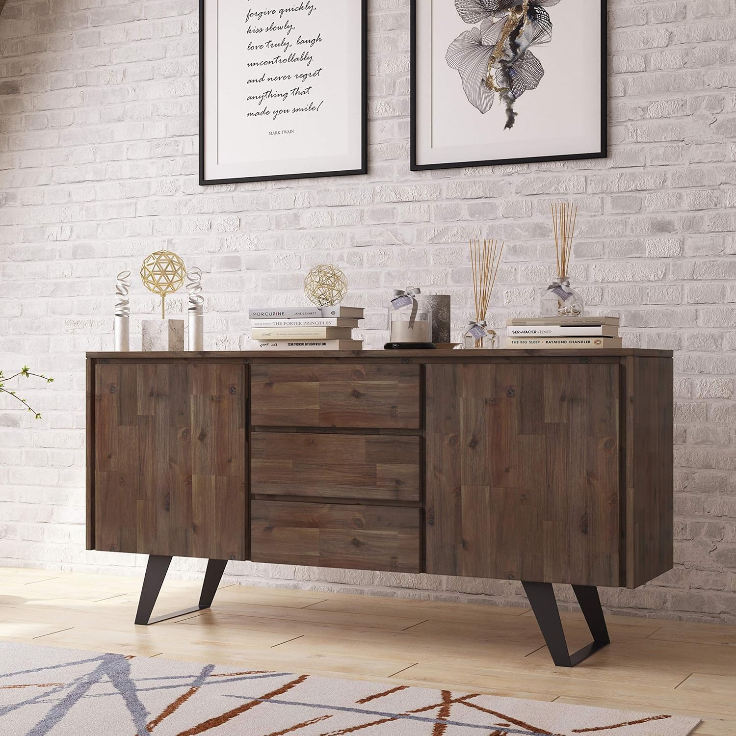 SIMPLIHOME Lowry Buffet - 60 inch Wide Solid Acacia Wood 3-Door Sideboard Buffet in Rustic Natural Aged Brown, Modern Industrial Cabinet for Dining Room with Metal Base and Adjustable Shelves