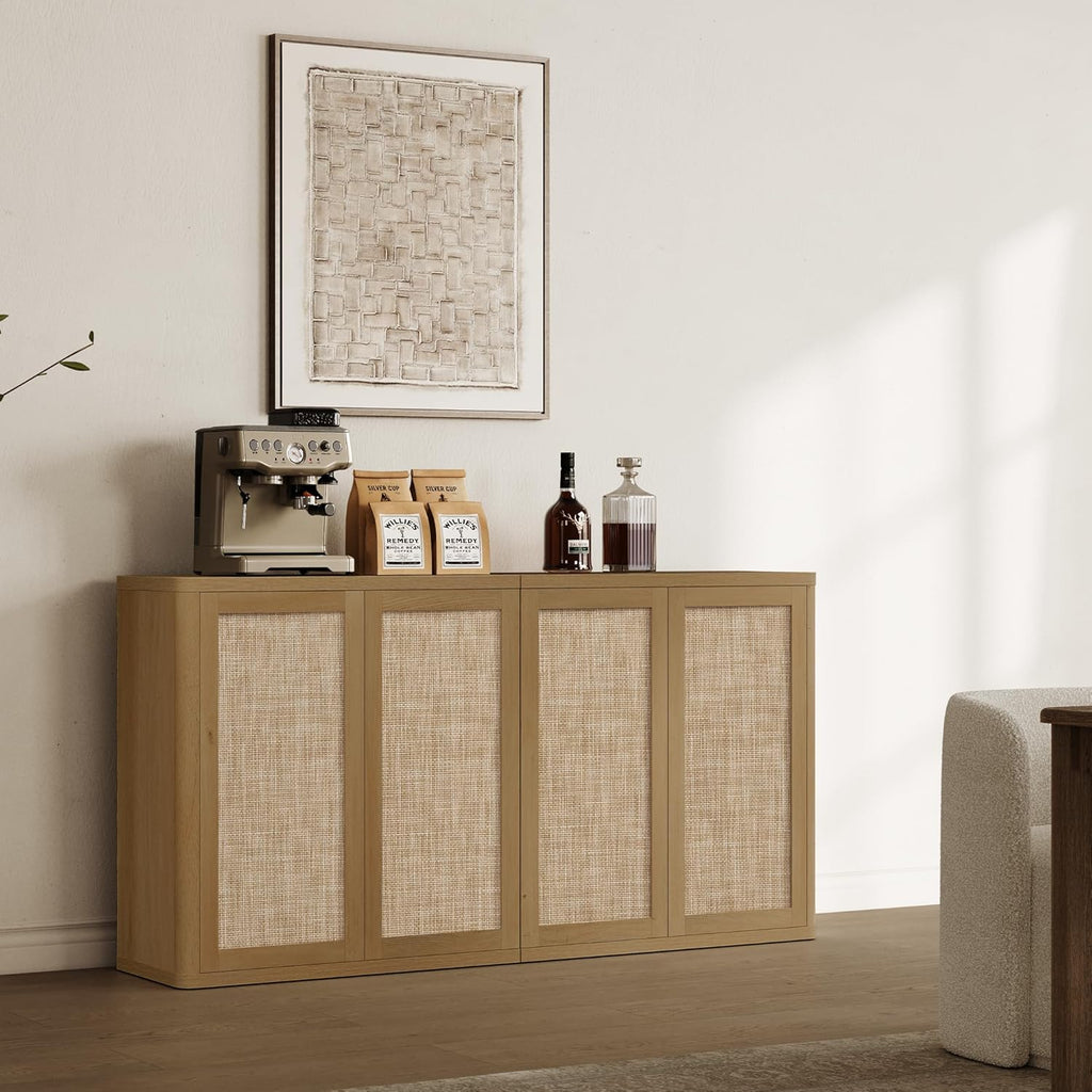 SICOTAS Rattan Sideboard Buffet Console Table - 95” Larger Modular Credenza Stand, 3 Pieces Boho Coffee Bar Cabinet with Storage & Adjustable Shelves for Hallway, Living Room, Dining Room