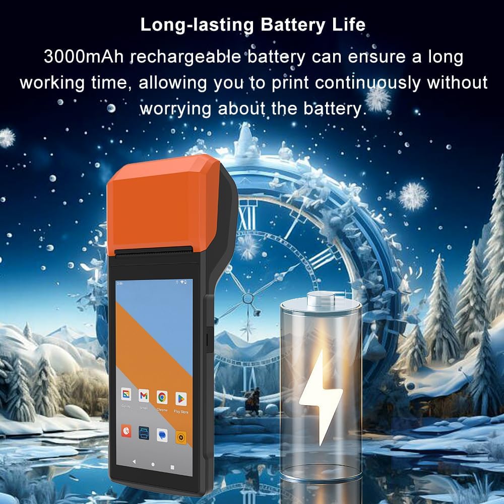 Docooler Intelligent Mobile Handheld PDA Terminal Receipt Printer, 5.5 Inch High-Resolution Touch Screen, Wireless Rechargeable Integrated POS Receipt Printer, Barcode Scanner - Orange