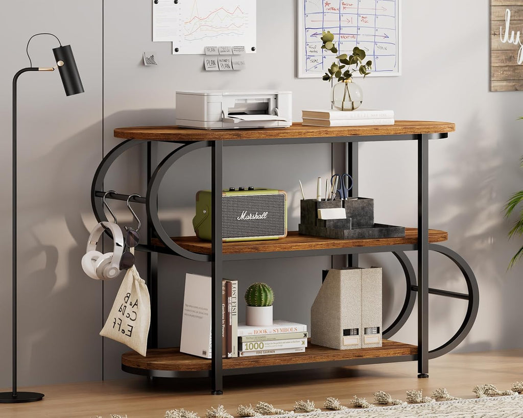 IBF 3 Tier Bookshelf with LED Light & Hooks, Farmhouse Low Horizontal Open Book Shelf, 39" Industrial Wood and Metal Bookcase, Oval Storage Display Shelf for Bedroom, Living Room, Office, Rustic Brown