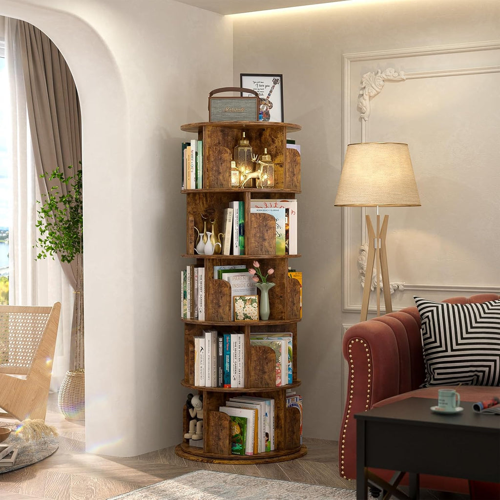 Aheaplus Rotating Bookshelf, 360 Display Wood Spinning Bookshelf Tower, 5 Tier Floor Standing Bookcase Storage Rack, Revolving Bookcase Corner Bookshelfs for Small Space, Study, Bed Room, Rustic Brown