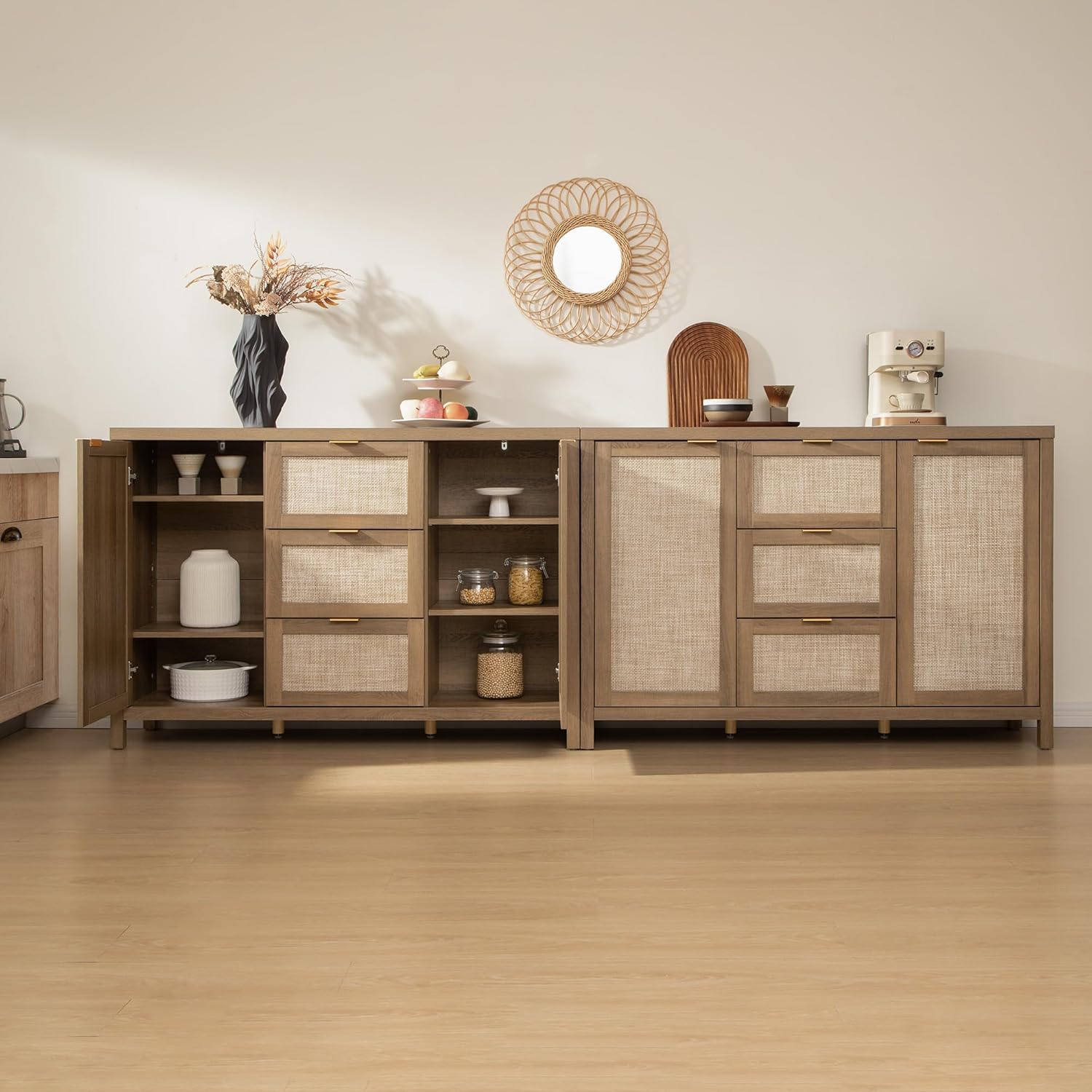 SICOTAS Rattan Sideboard Buffet Cabinet with Storage - 52" Larger Farmhouse Credenza Storage Coffee Bar Cabinet with 3 Drawers & 2 Doors, Boho Console Table for Living Room, Kitchen, Caramel Oak
