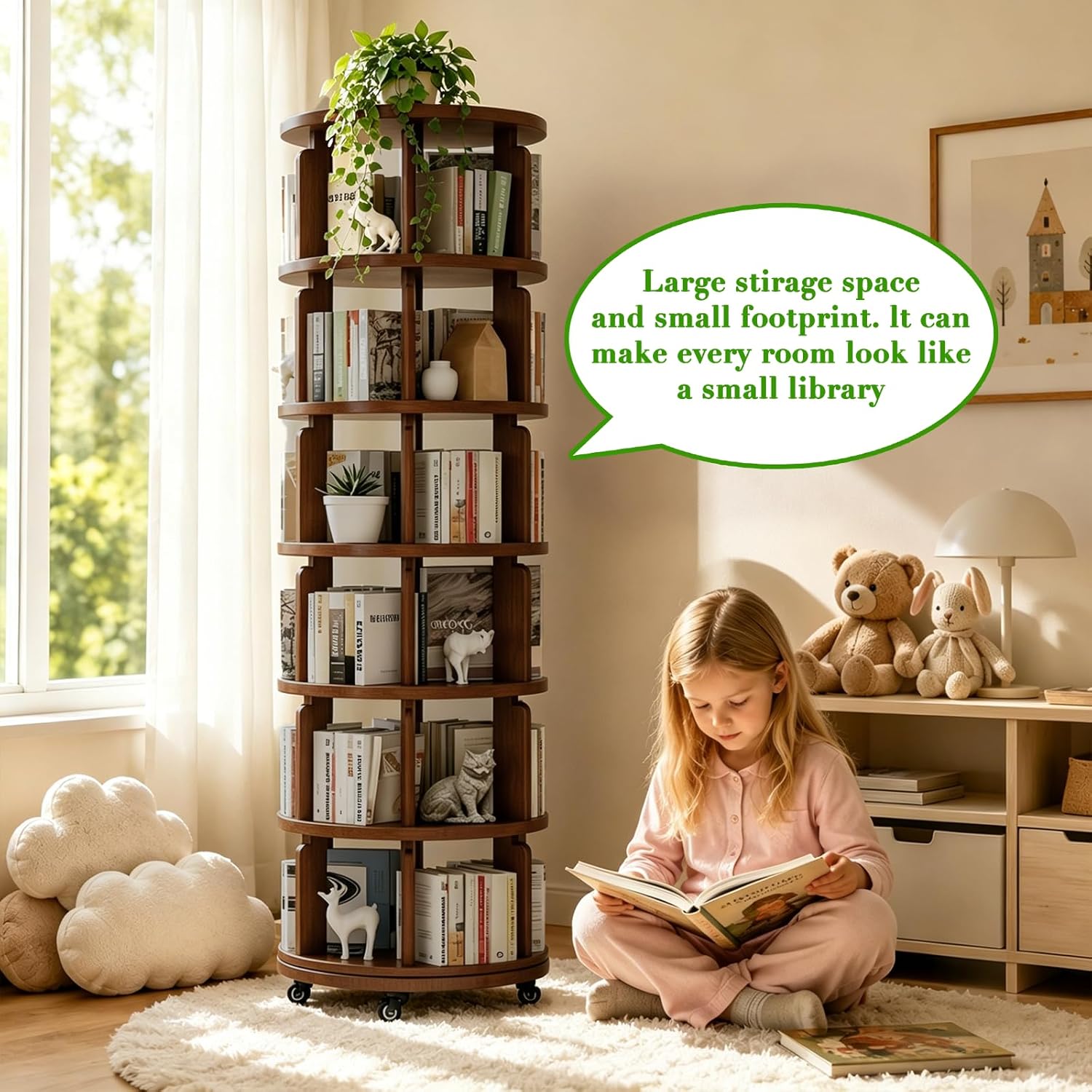 6 Tier 360° Rotating Solid Wood Bookshelf with Wheels, Lazy Susan Circular Spinning Revolving Corner Bookcase, Freestanding Storage Shelf for Bedroom Small Space, Walnut