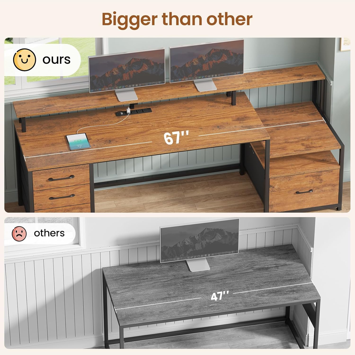 SEDETA Home Office Desk with File Drawer & Power Outlet, 66'' Computer Desk with 5 Drawer, Storage Shelves, Printer Cabinet and Monitor Shelf, Gaming Desk with Led Lights, Rustic Brown