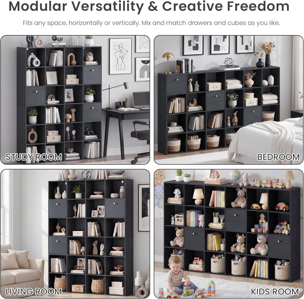 Modern Cube Storage Organizer, 24 Open Shelves Bookcase with 3 Storage Bins, Black Book Case with Wood Grain, Freestanding Shelf for Bedroom, Living Room, Home Office, Library, Wooden Large Book Shelf