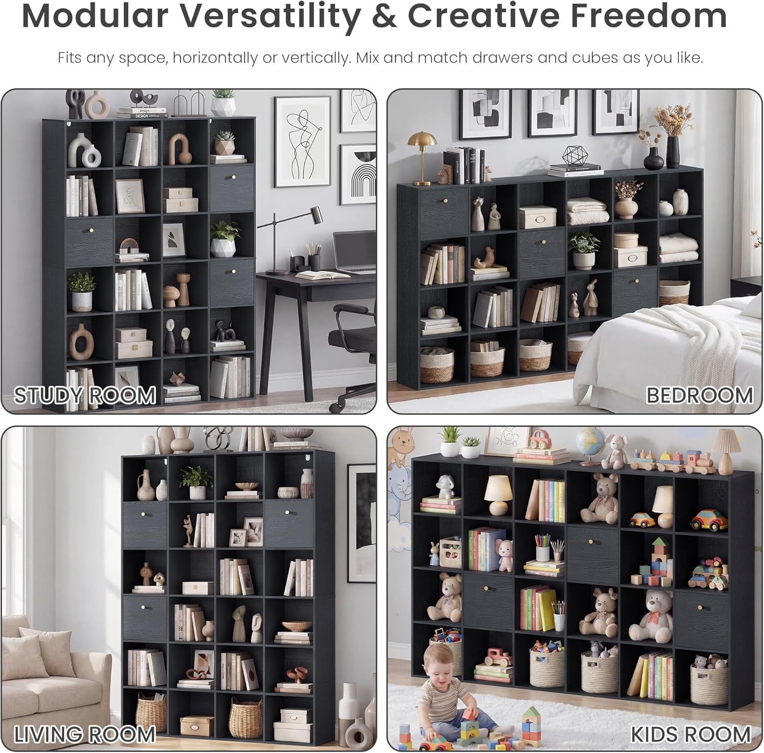 Modern Cube Storage Organizer, 24 Open Shelves Bookcase with 3 Storage Bins, Black Book Case with Wood Grain, Freestanding Shelf for Bedroom, Living Room, Home Office, Library, Wooden Large Book Shelf