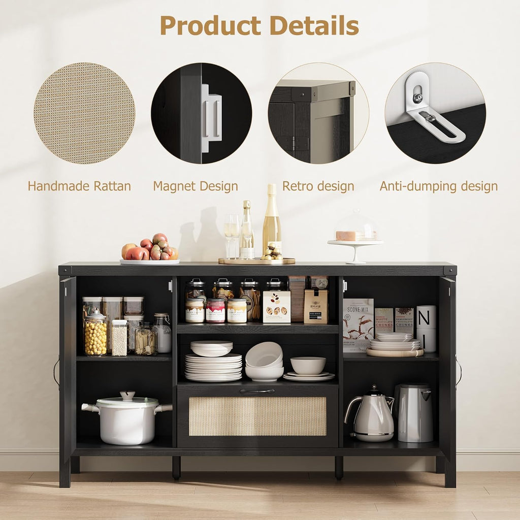 IDEALHOUSE 47.2" Buffet Cabinet with Storage, Farmhouse Kitchen Sideboard with Drawer, Rattan Coffee Bar Cabinet for Living Room, Kitchen, Entryway, Black