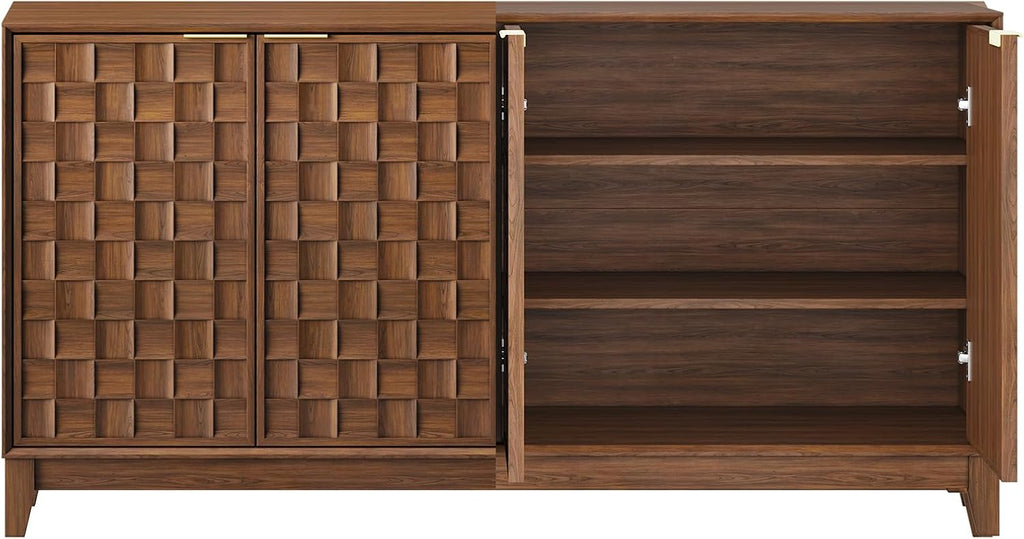COLAMY 60" Sideboard Buffet Cabinet with Storage, Modern 3D Checkerboard Credenza with 4 Doors & Solid Wood Legs, Large Kitchen Coffee Bar Console Table for Dining Room, Living Room,Walnut Black