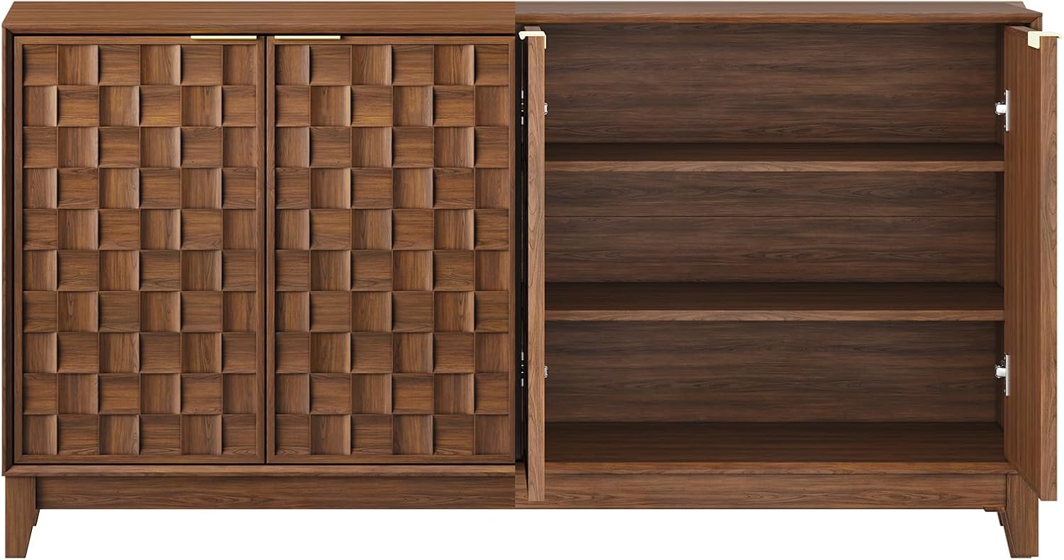 COLAMY 60" Sideboard Buffet Cabinet with Storage, Modern 3D Checkerboard Credenza with 4 Doors & Solid Wood Legs, Large Kitchen Coffee Bar Console Table for Dining Room, Living Room,Walnut Black