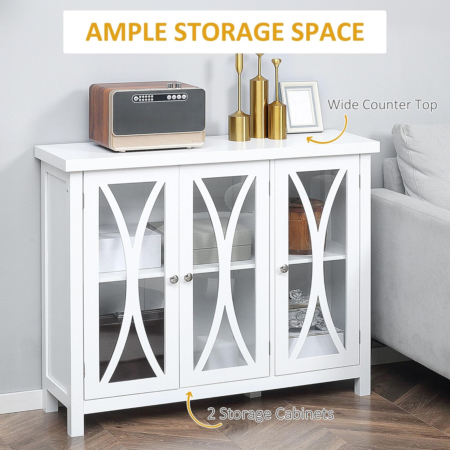 HOMCOM Modern Kitchen Sideboard, Buffet Cabinet with 2 Storage Cupboard, Glass Doors for Living Room, Bedroom, White