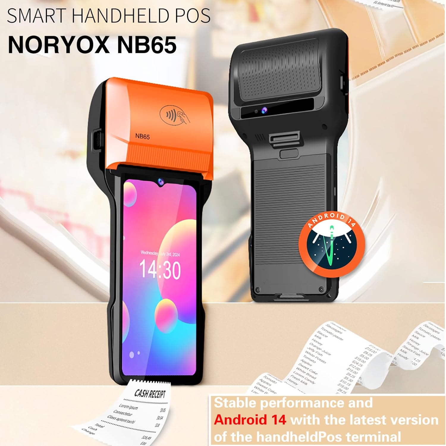 Alacrity Handheld POS PDA Android 14 Receipt Printer 3GB+32GB 1D 2D Barcode Scanner, Wifi/Gps/BT/4G Full Network Connection, 6.5" Touchscreen 80mm Width Thermal Label Printing 6400mAh Battery and NFC
