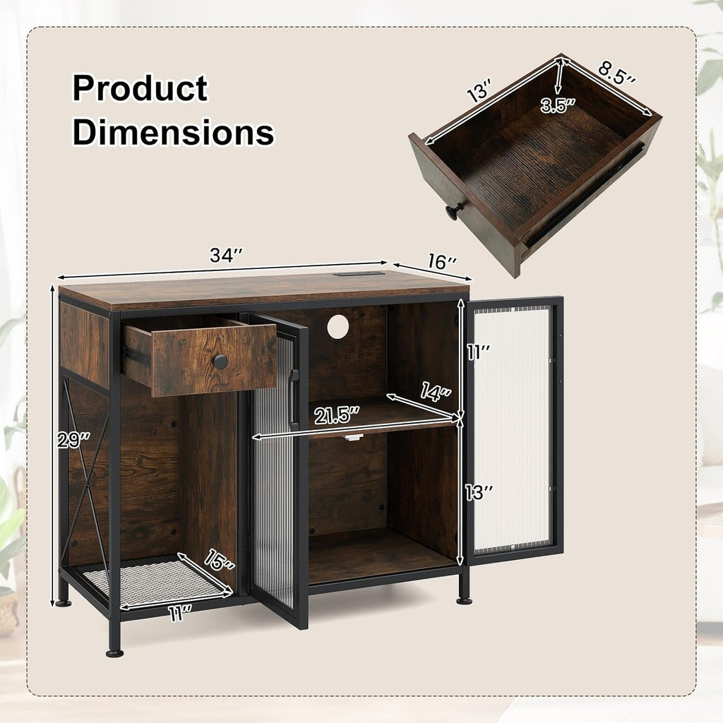 Giantex Buffet Sideboard with Power Outlets and LED Light, Industrial Kitchen Storage Cabinet with Drawer and Doors, Coffee Bar Table for Dining Room, Rustic Brown