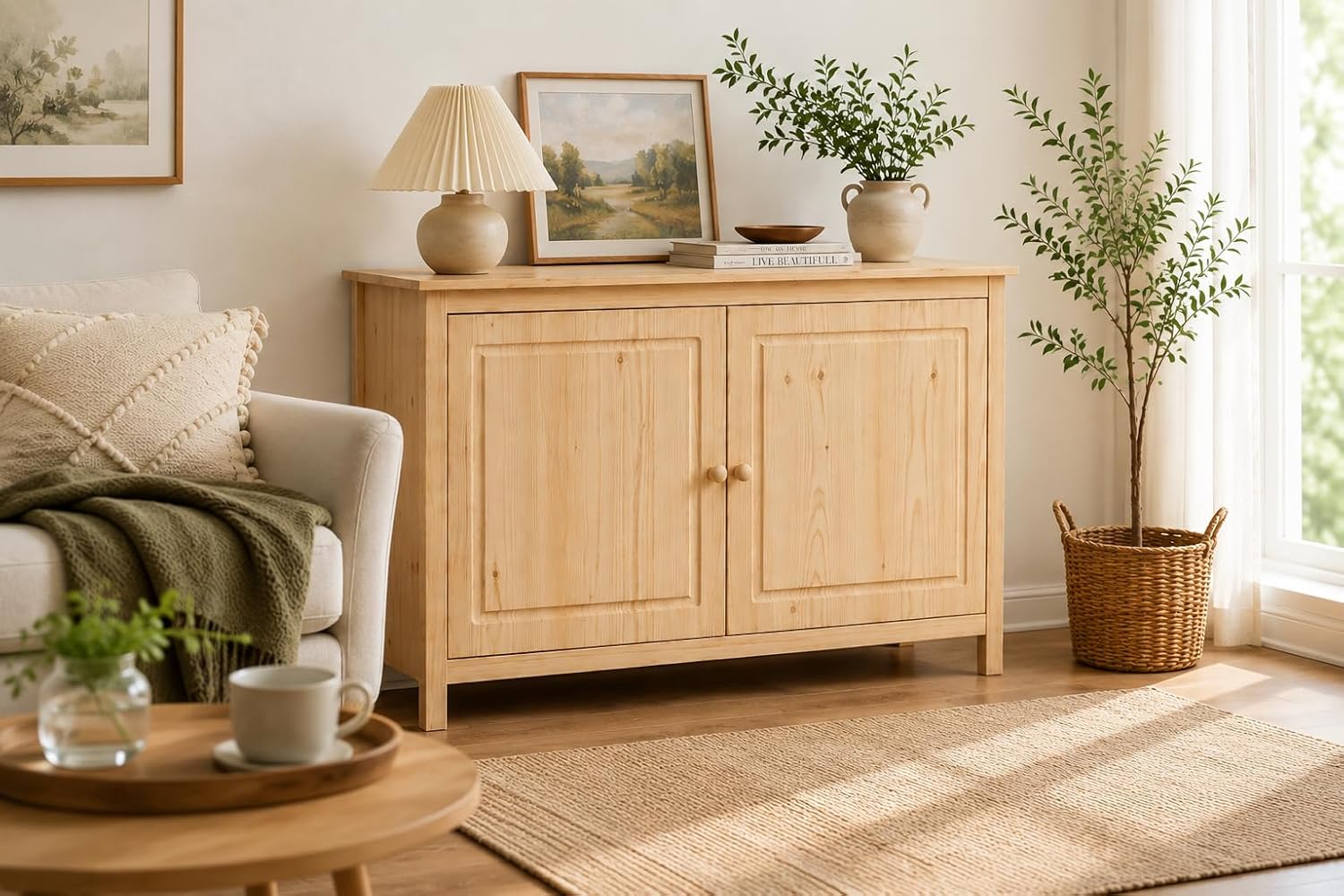 From the Tree Furniture 44" Wide Solid Pine Shaker Sideboard Buffet Cabinet — Natural Unfinished — 2 Doors Adjustable Shelf — No Drawer · Anti-Tip Included — Stain-Ready for Dining Room & Kitchen