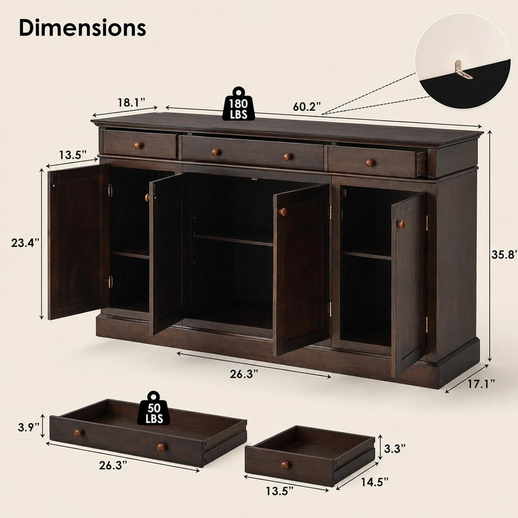 60 Inch Sideboard Buffet Cabinet with Storage, Farmhouse Credenza with 4 Doors and 3 Drawers, Wood Kitchen Coffee Bar with Adjustable Shelves for Dining Room, Living Room (Walnut)