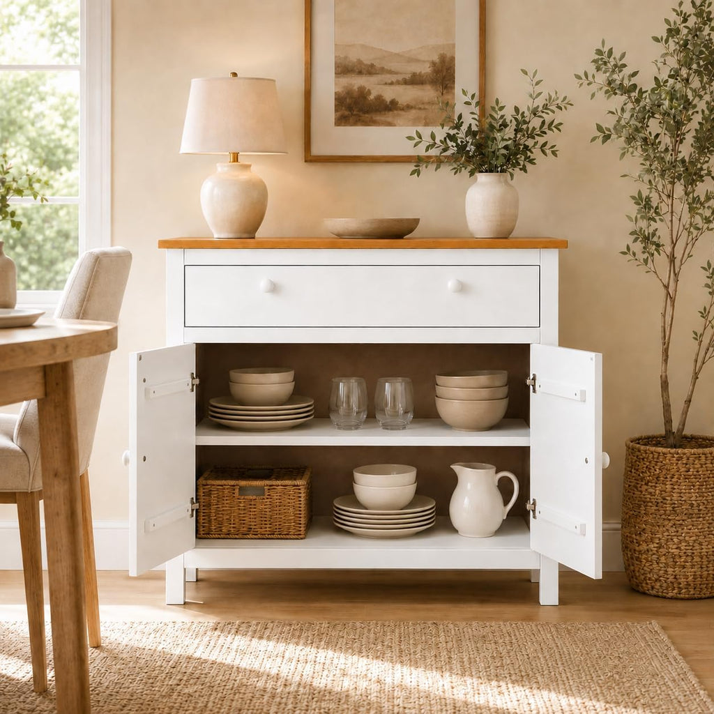 From the Tree Furniture 44" Wide White & Pine Top Solid Pine Shaker Sideboard Buffet Cabinet — 2 Doors, Adjustable Shelves & 1 Drawer — Anti-Tip Included — Two-Tone Farmhouse Finish for Dining Room