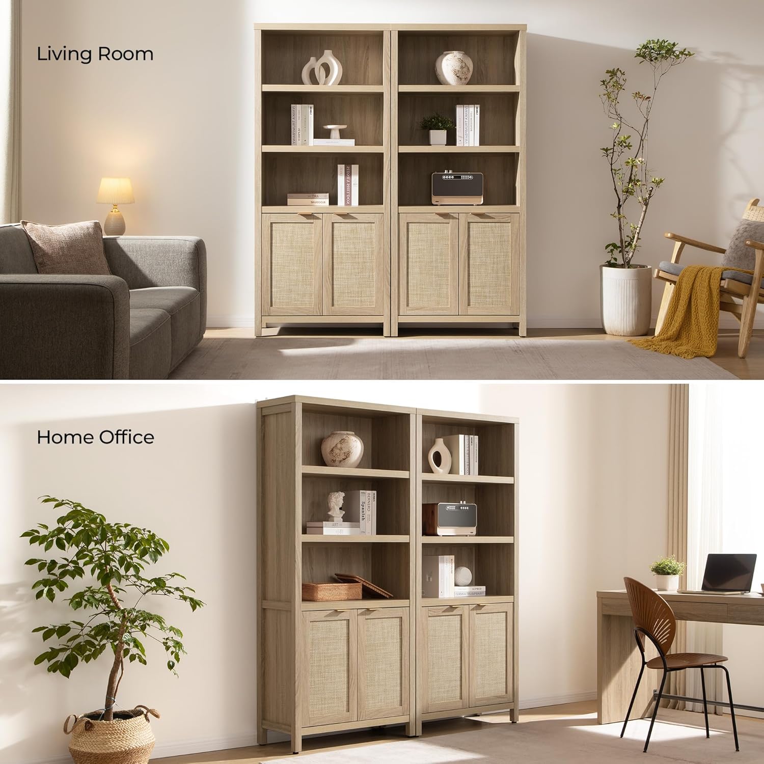 SICOTAS Bookcase 71" Tall Bookshelf 5 Tier Rattan Boho Bookcase with Doors Storage Large Book Case Shelf Farmhouse Bookshelves Library Book Shelves for Living Room Bedroom Home Office Kitchen