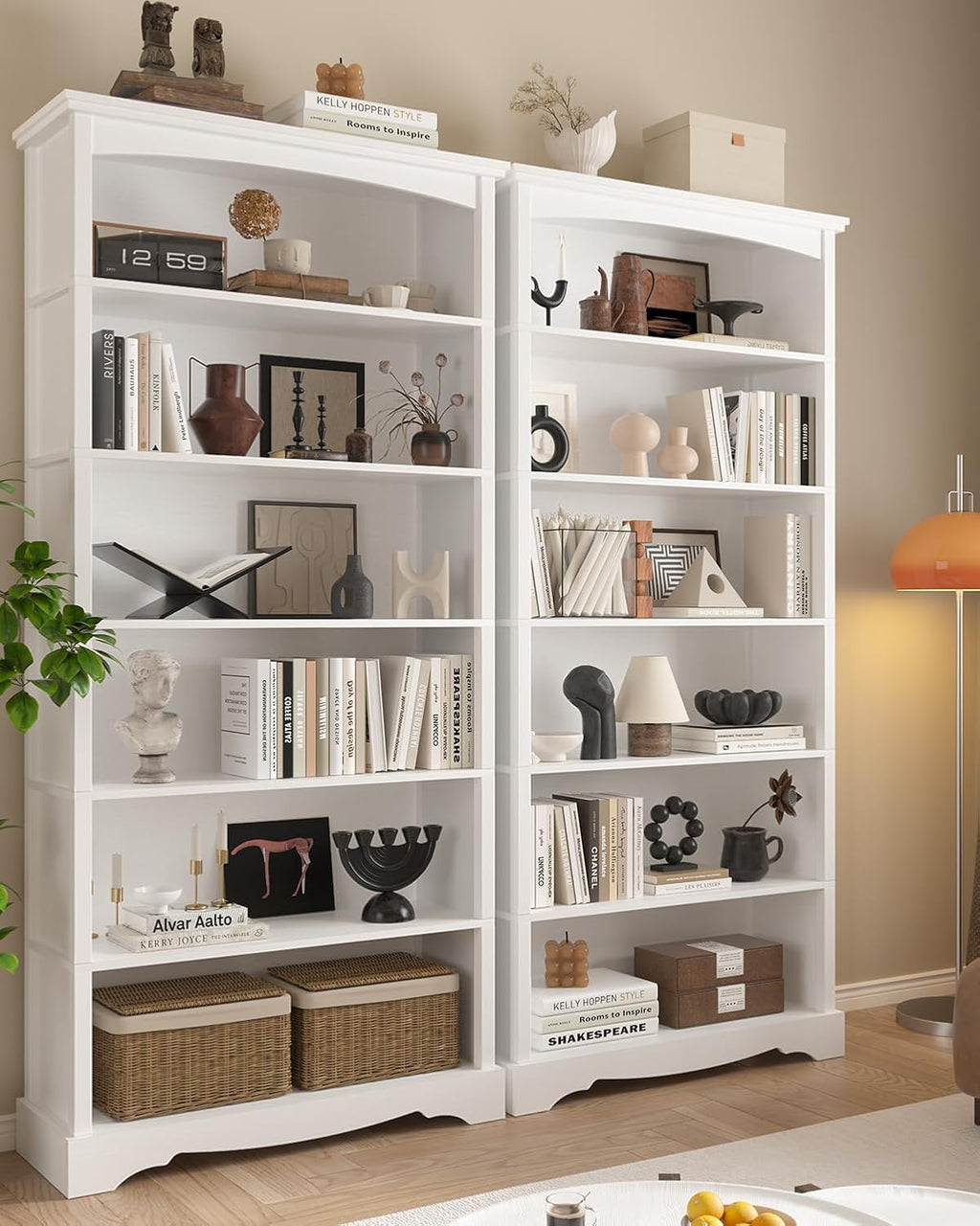 TVU 6-Tier Wooden Bookshelf, 76 Inch Tall Bookshelf with Storage, Floor Standing Modern Style Display Bookcase for Living Room, Office, Study Room, Entryway, White