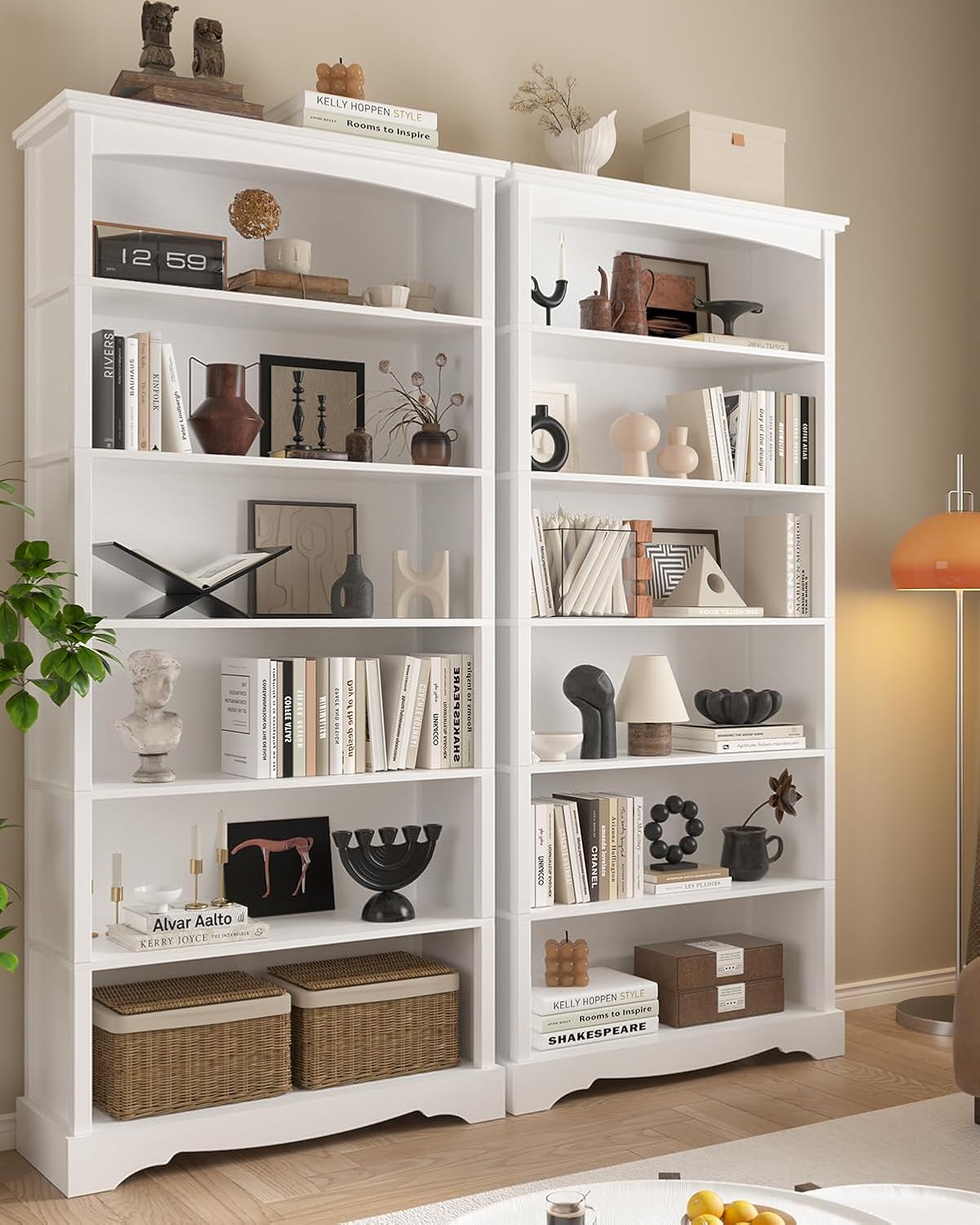 TVU 6-Tier Wooden Bookshelf, 76 Inch Tall Bookshelf with Storage, Floor Standing Modern Style Display Bookcase for Living Room, Office, Study Room, Entryway, White