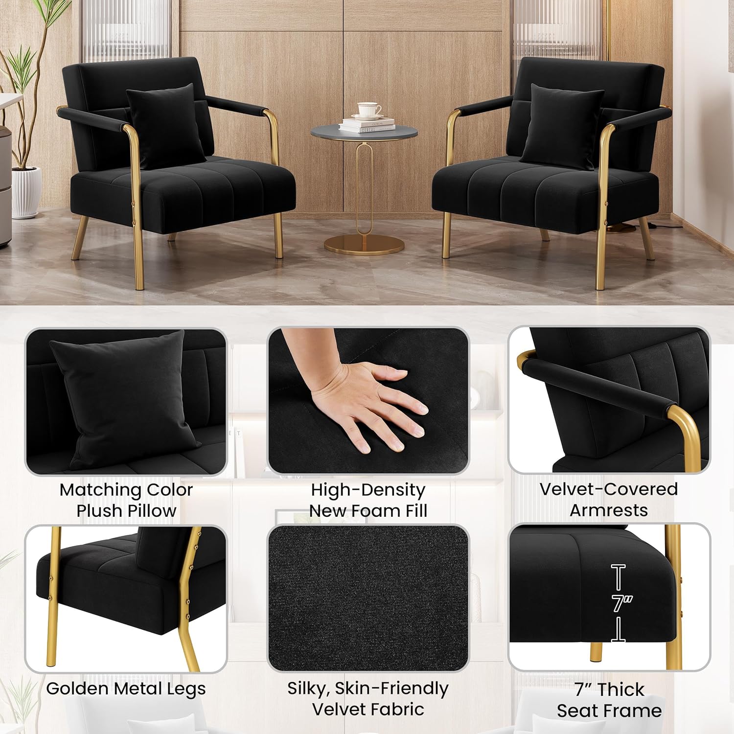 Yaheetech 30" W Accent Chair Velvet Oversized Armchair Living Room Chair with Golden Frame & Cozy Pillow for Living Room, Bedroom, Office Black