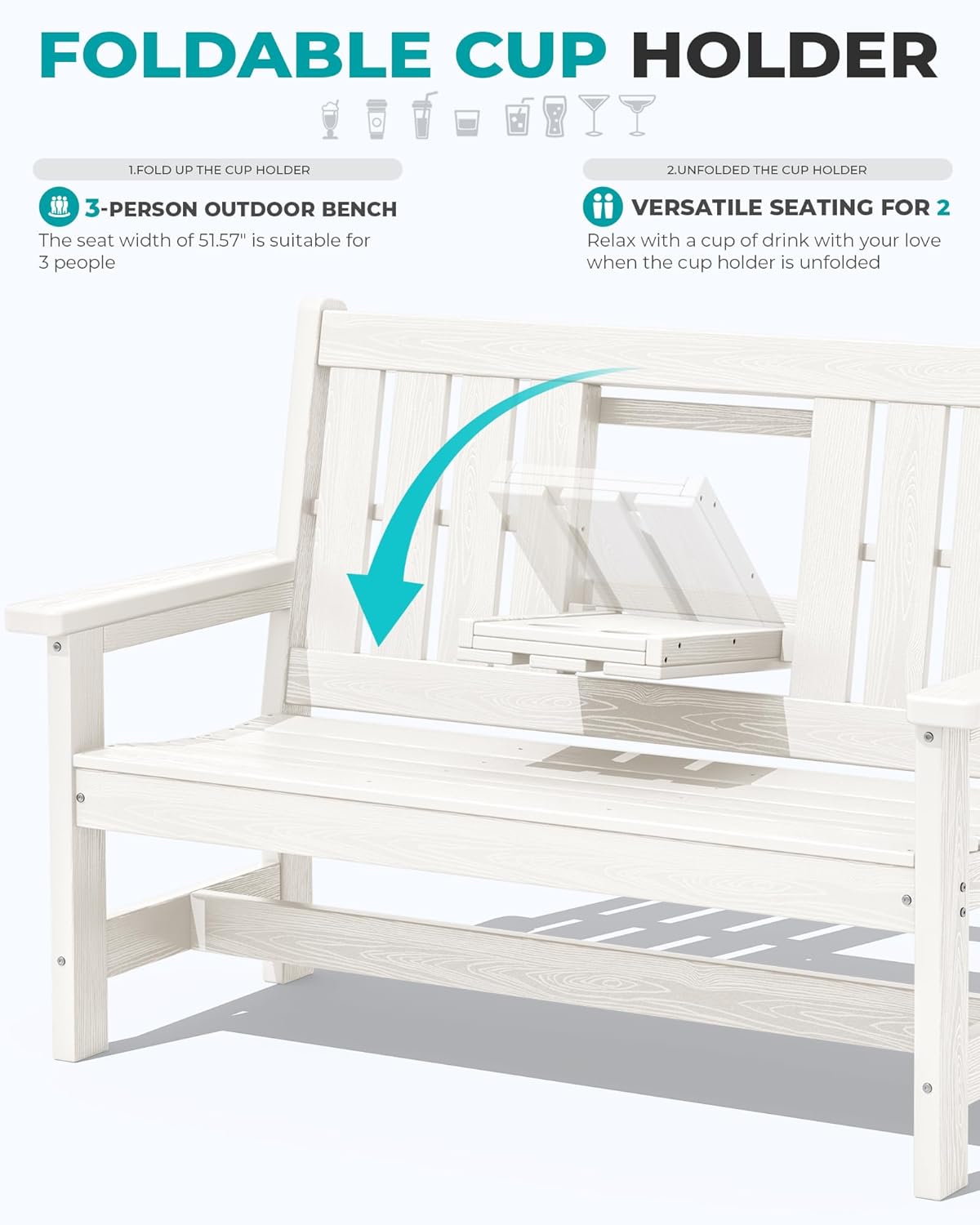 SERWALL Outdoor Bench with Cup Holder, Oversized 58" HDPE Porch Bench Suitable for 3 Person, All Weather Patio Benches with High Backrest for Garden, Park, Yard, Front Porch, White