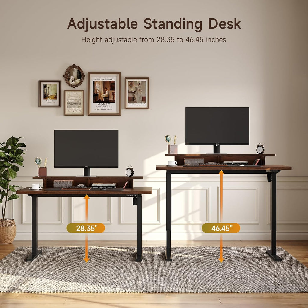 ONBRILL Home Office Furniture Sets, 55'' Standing Desk with 55'' File Cabinet, Electric Height Adjustable Standing Desk with 71'' Tall Modern Bookshelf, Home Office Furniture Set, Walnut