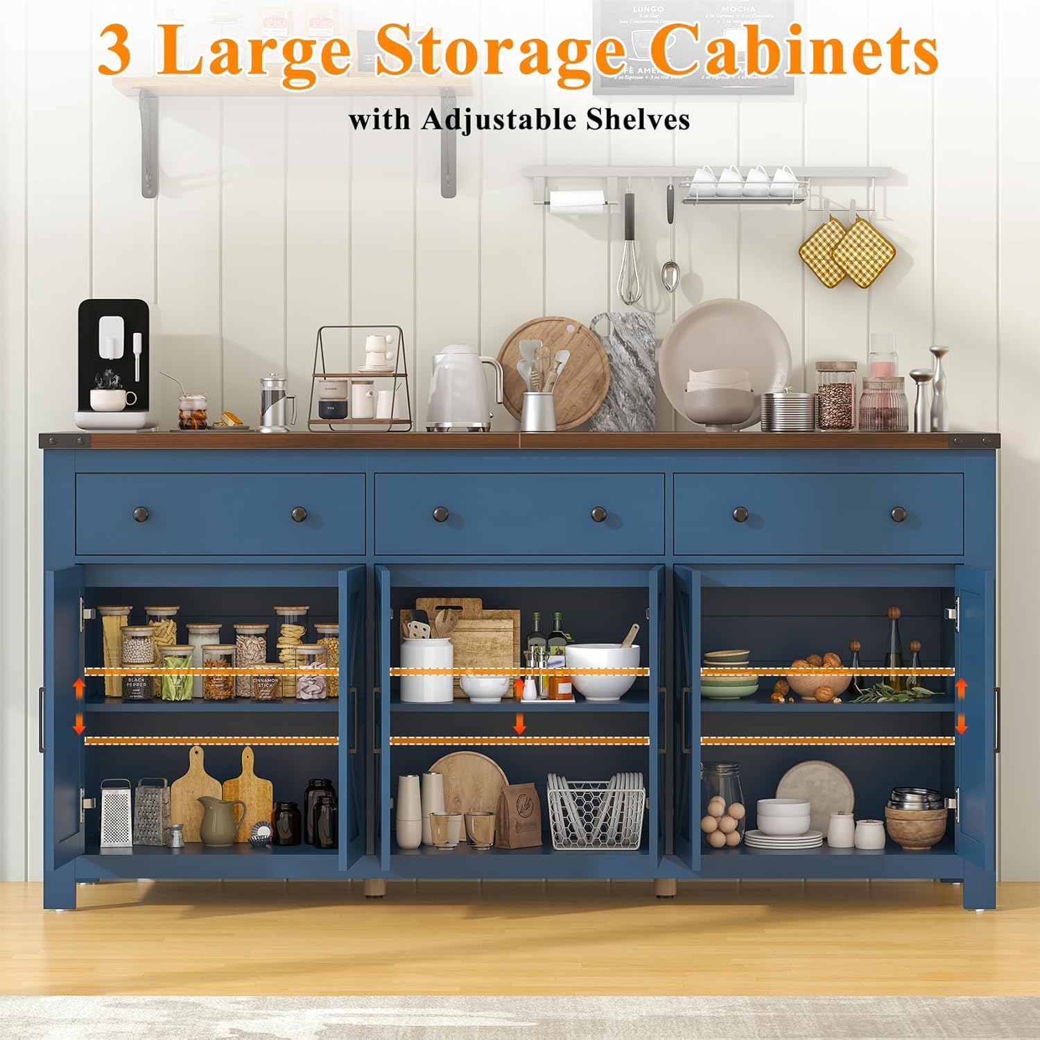 VVFLU 71" Large Sideboard Buffet Cabinet with Storage, Modern Farmhouse Coffee Bar with 3 Drawers and 6 Barn Doors, Dining Room Storage Cabinet, for Kitchen, Living Room, White Wood, Blue Wood