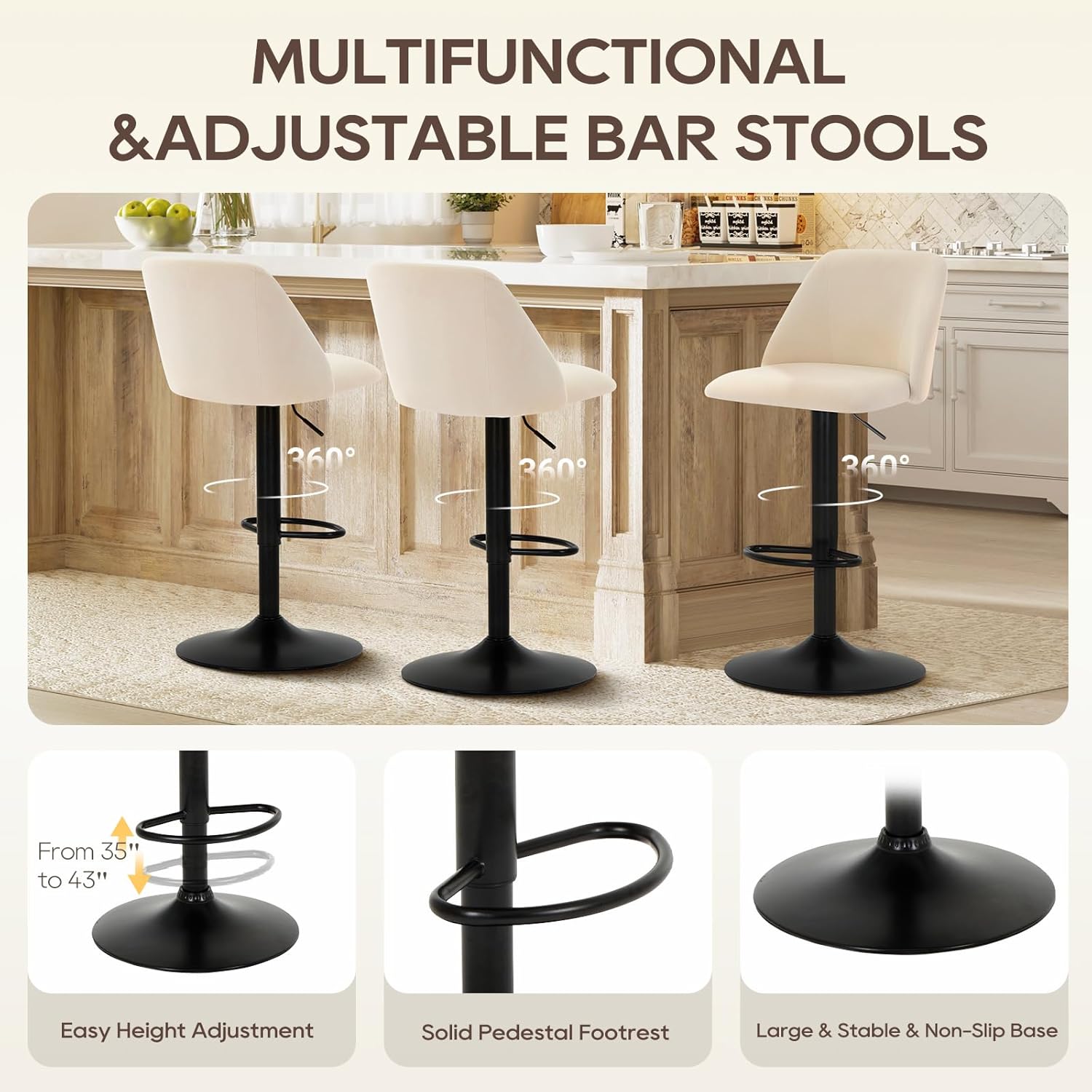 COLAMY Bar Stools Set of 4, Modern Swivel Bar Chairs, Adjustable Upholstered Barstools Counter Height with Full Backrest for Bar, Dining Room, Kitchen Island, Beige