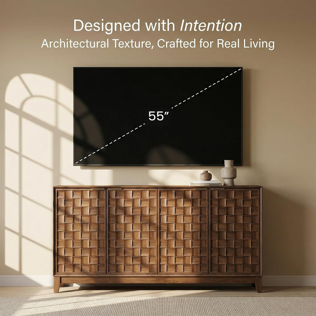 COLAMY 60" Sideboard Buffet Cabinet with Storage, Modern 3D Checkerboard Credenza with 4 Doors & Solid Wood Legs, Large Kitchen Coffee Bar Console Table for Dining Room, Living Room,Walnut Black