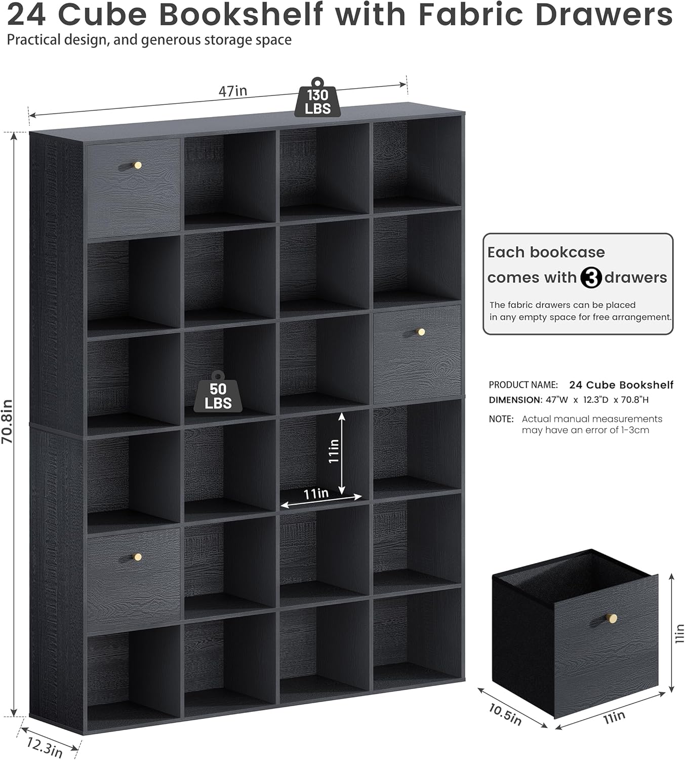 Modern Cube Storage Organizer, 24 Open Shelves Bookcase with 3 Storage Bins, Black Book Case with Wood Grain, Freestanding Shelf for Bedroom, Living Room, Home Office, Library, Wooden Large Book Shelf
