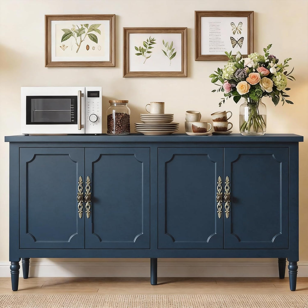 RoyalCraft Buffet Cabinet with Storage, Vintage Sideboard with Adjustable Shelves, Mid Century Modern Painted Credenza Coffee Bar for Kitchen, Dining Room, Entryway, Blue, 58.9" W x 16.5" D x 31.8" H
