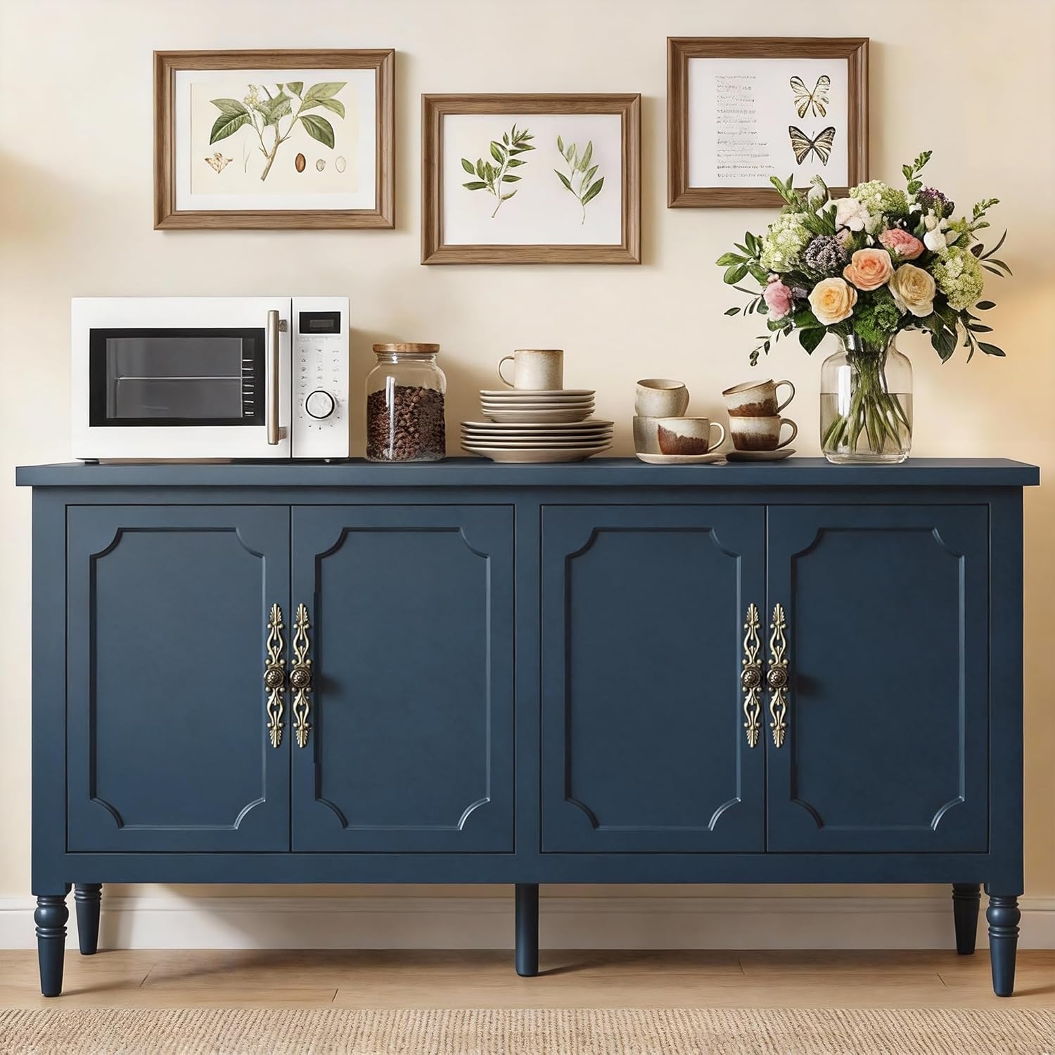 RoyalCraft Buffet Cabinet with Storage, Vintage Sideboard with Adjustable Shelves, Mid Century Modern Painted Credenza Coffee Bar for Kitchen, Dining Room, Entryway, Blue, 58.9" W x 16.5" D x 31.8" H