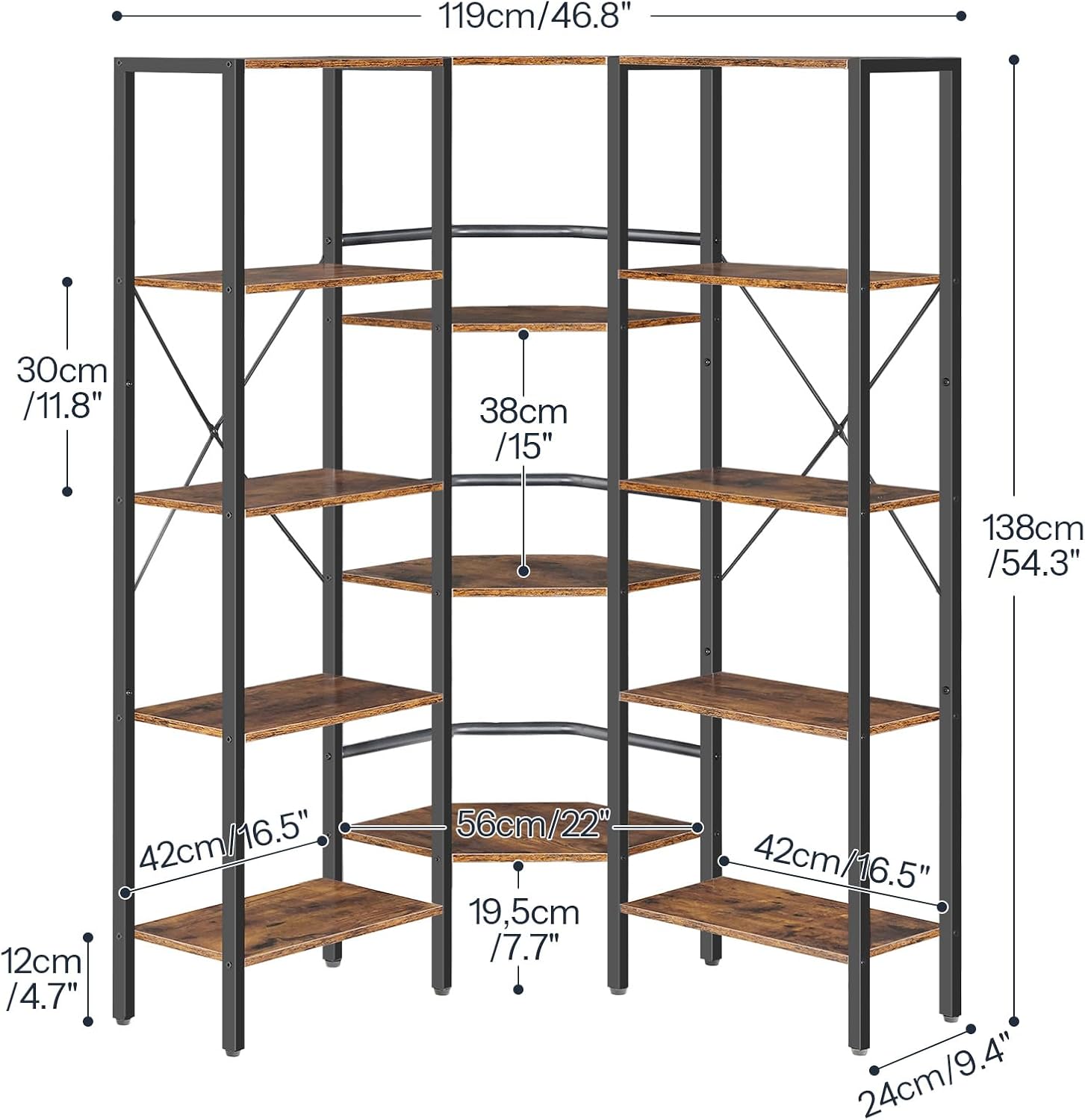 HOOBRO Industrial Corner Bookshelf, 5-Tier L-Shaped Bookcase, Open Display Storage Rack, Floor Standing Storage Shelf, for Living Room, Bedroom, Home Office, Rustic Brown and Black BF68SJ01
