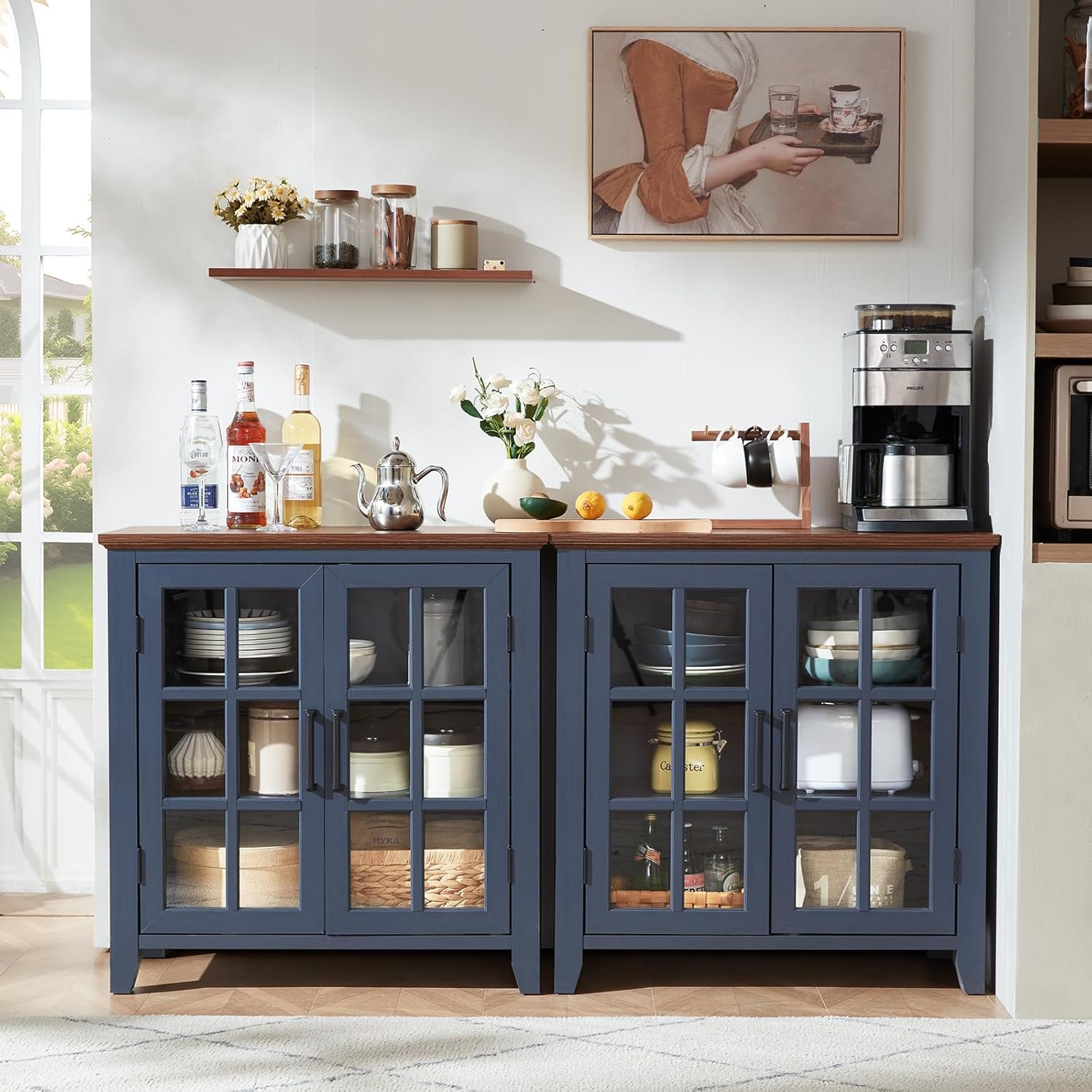 Joaxswe Large Sideboard Buffet Cabinet with Storage, 32" Farmhouse Navy Blue Kitchen Coffee Wine Bar Cabinet with 2 Glass Doors, Wood Mid Century Modern Side Board Table for Dining Room, Living Room
