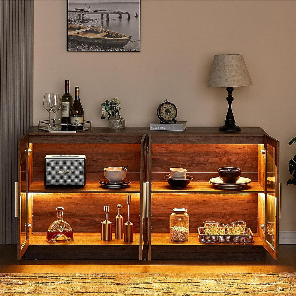 AMERLIFE Sideboard Buffet Cabinet, Mixed Color Accent Cabinet with LED Lights, Modern Glass Doors Storage Cabinets with Adjustable Shelf, Console Table for Dining, Living Room, Barnwood&Brown