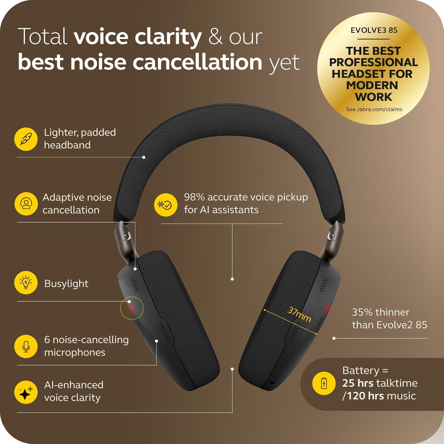Jabra Evolve3 85 Over-Ear Wireless Bluetooth Headset with Microphone for Work, USB-C, AI Voice Call Technology, Adaptive Active Noise Cancellation, 25-Hour Battery, Works with Meeting Apps, Black