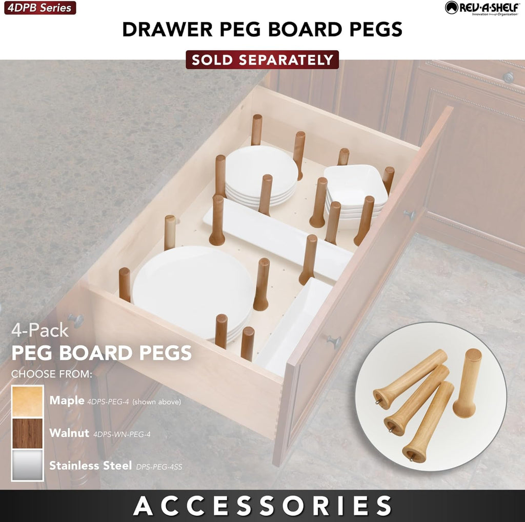 Rev-A-Shelf Trimmable Pegboard Drawer Divider Organizer, Trim to Custom Fit Wooden Kitchen Cabinet Storage Utensil, Pots & Dish Rack, 30" x 21", 4DPS-3021