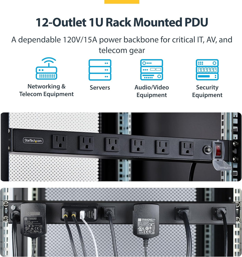 StarTech.com 12-Outlet Rackmount PDU, 1U Server Power Strip, Wide-Spaced Right-Angle Ports, Mounted Power Distribution Unit